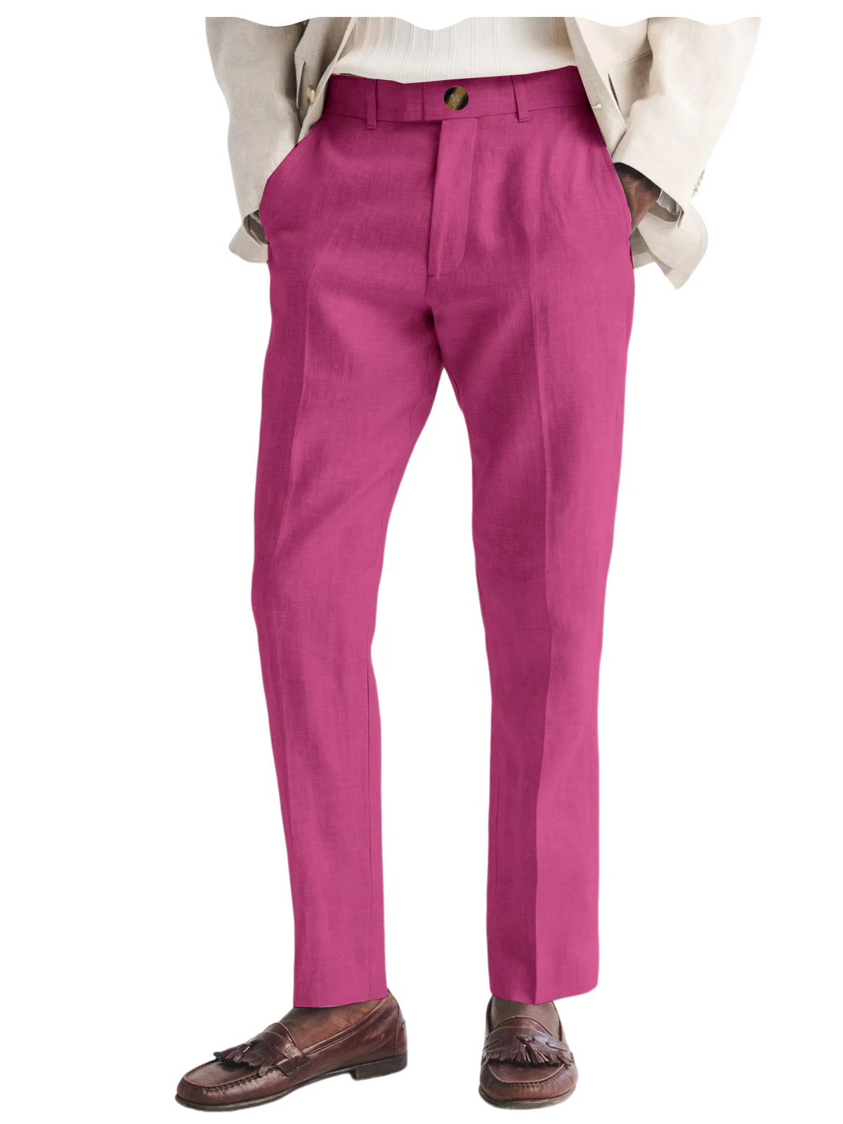 Men's Linen Straight Fit Pants Wrinkle-Resistant Lightweight Breathable Flat-Front Casual Trousers Expandable-Waist For Summer