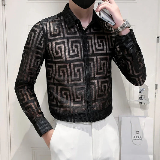 Autumn New Sexy Transparent Lace Shirt Men Clothing Simple All Match Slim Fit Long Sleeve Club/Prom Tuxedo Chemise Homme 4XL