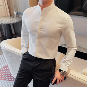 Chinese Style Standing Collar Shirt 2025 Spring Men's High-end Long-sleeved Hidden Button Slim Fit Business Casual Shirts