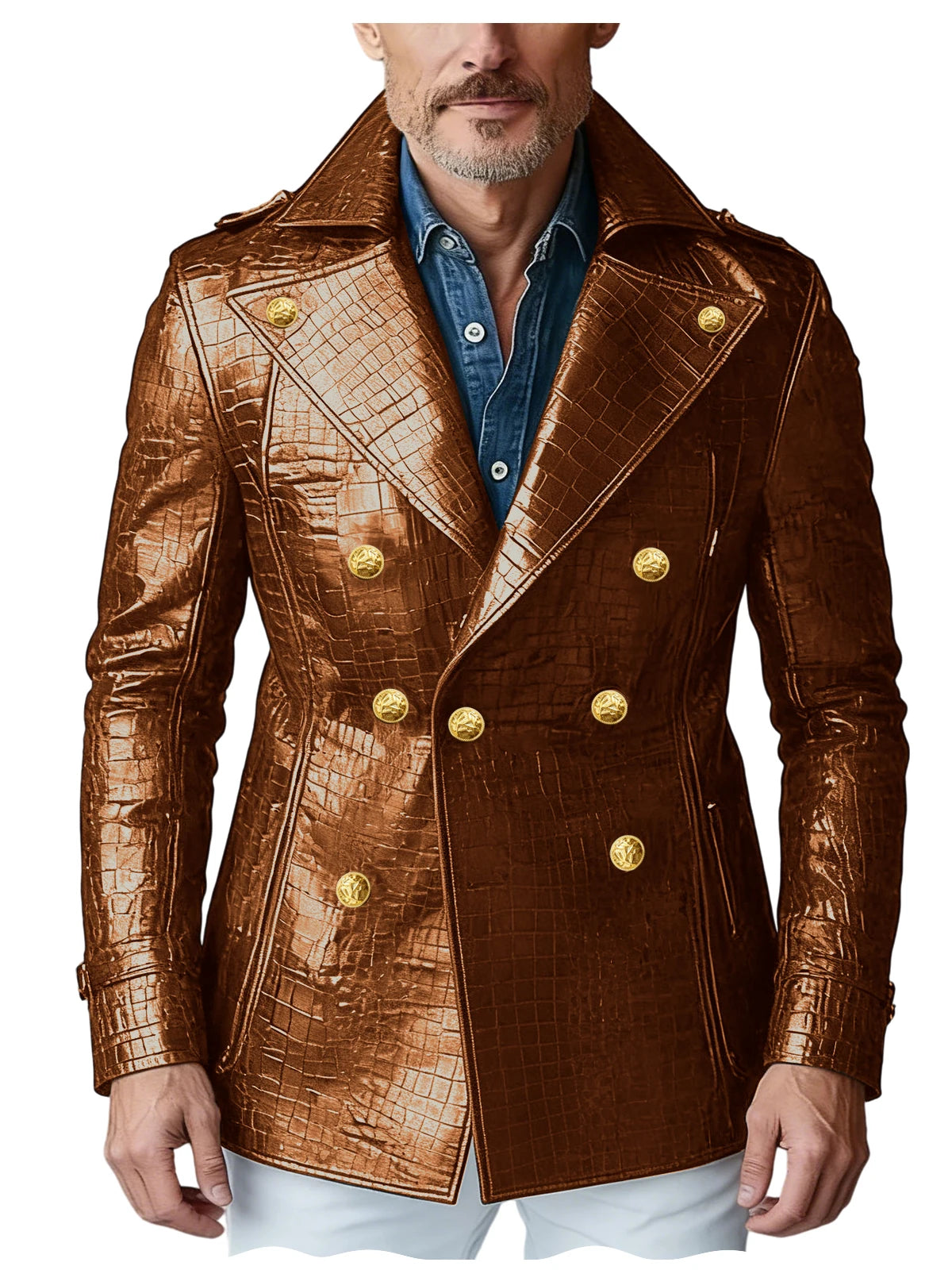 Men's Crocodile Embossed Leather Blazer Double Breasted Trench Coat Wide Lapel Gold Button Slim Fit Jacket For Four Season