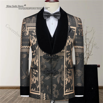 Gwenhwyfar 2025 Fashion Party Men's Set with Black Velvet Collar Jacquard Coat and Vest , Velvet Pants, New 3-Piece Buckle Suit