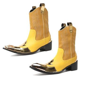 New Men's Yellow Embroidered Metal-Toe Genuine Leather Boots with Side Zipper  Patchwork Short Punk Biker Boots for Parties