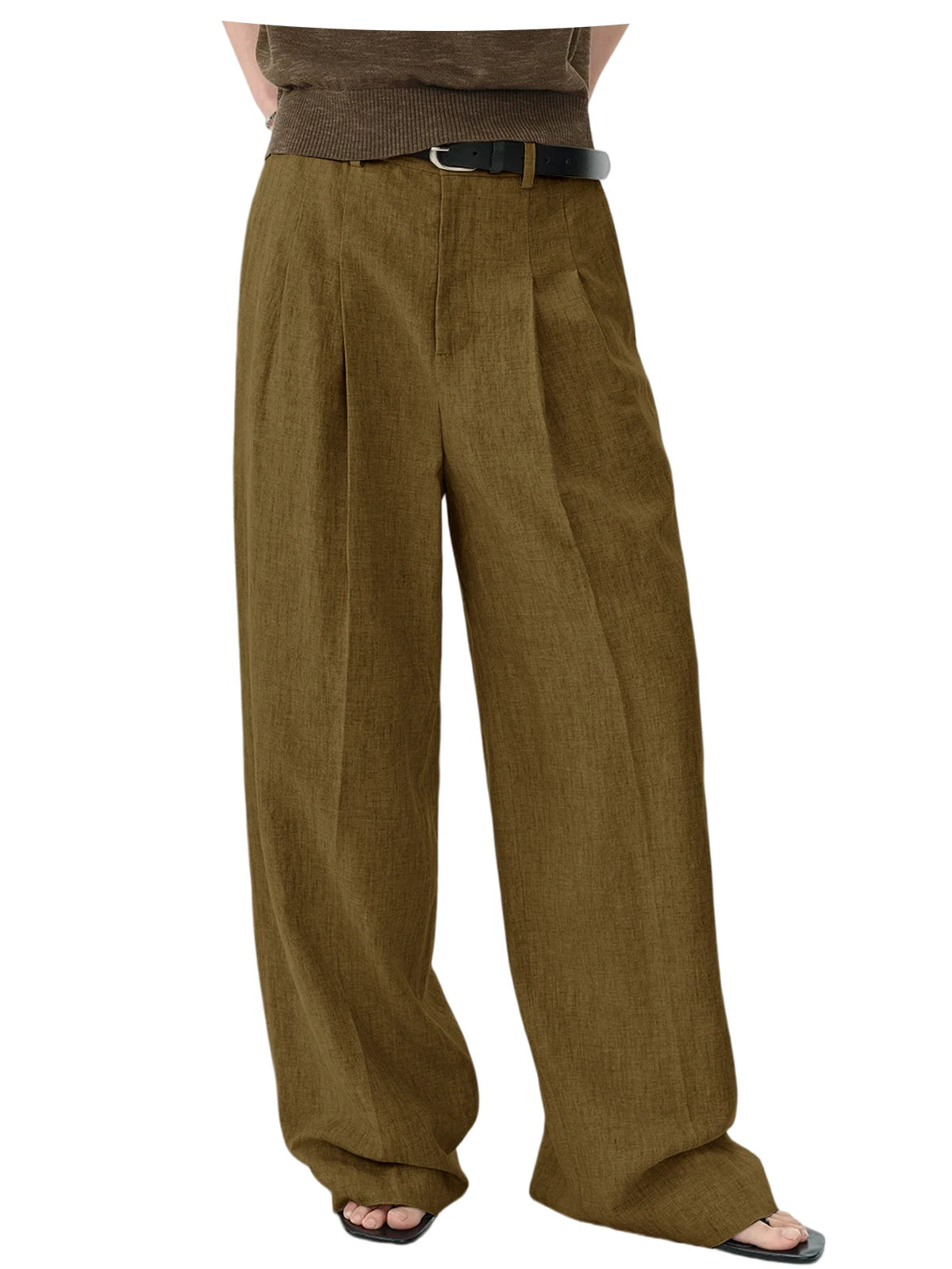 Men Linen Wide Leg Pants High Waist Pleated Casual Trousers Breathable Loose Straight Suit Pants Streetwear