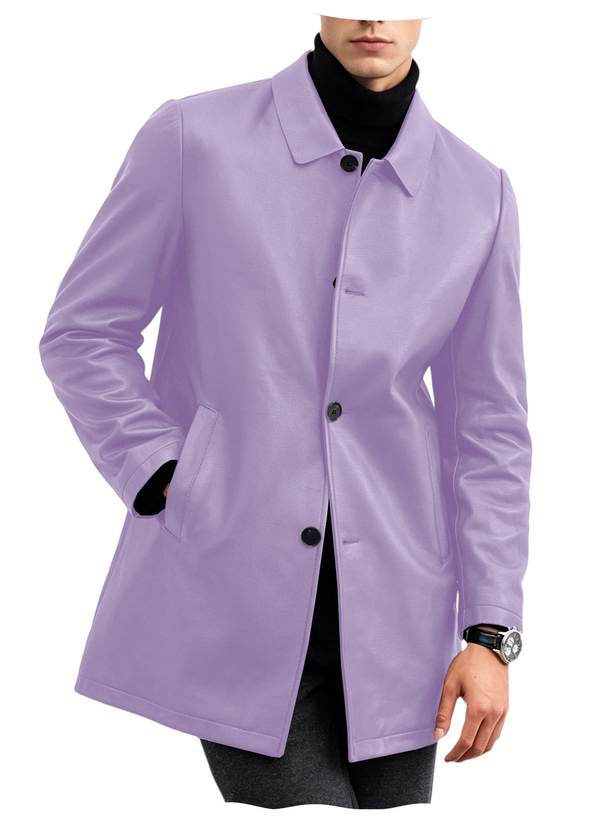 Men Premium Leather-Like Trench Coat Turn-Down Collar Single Breasted Mid-Length Overcoat Classic Slim Fit Business Casual Wear