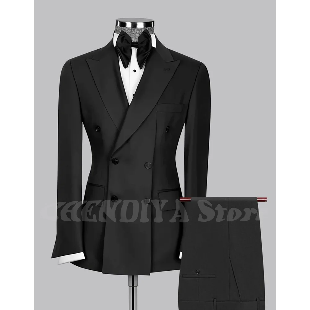 Peaked Lapel Slim Men's Suit High Quality Outfit Blazer Set Double Breasted Pleat Business Casual Formal Wedding Clothes