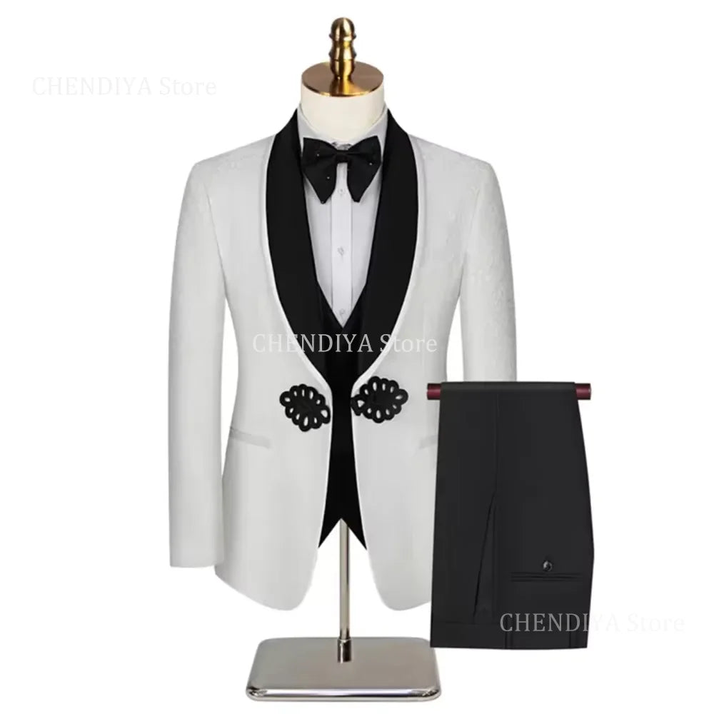 Chinese Style Men's Suits 3 Piece High-end Shawl Lapel Single Button Outfits (Jacket+Vest+Pants) Prom Party Groom Wedding Tuxedo