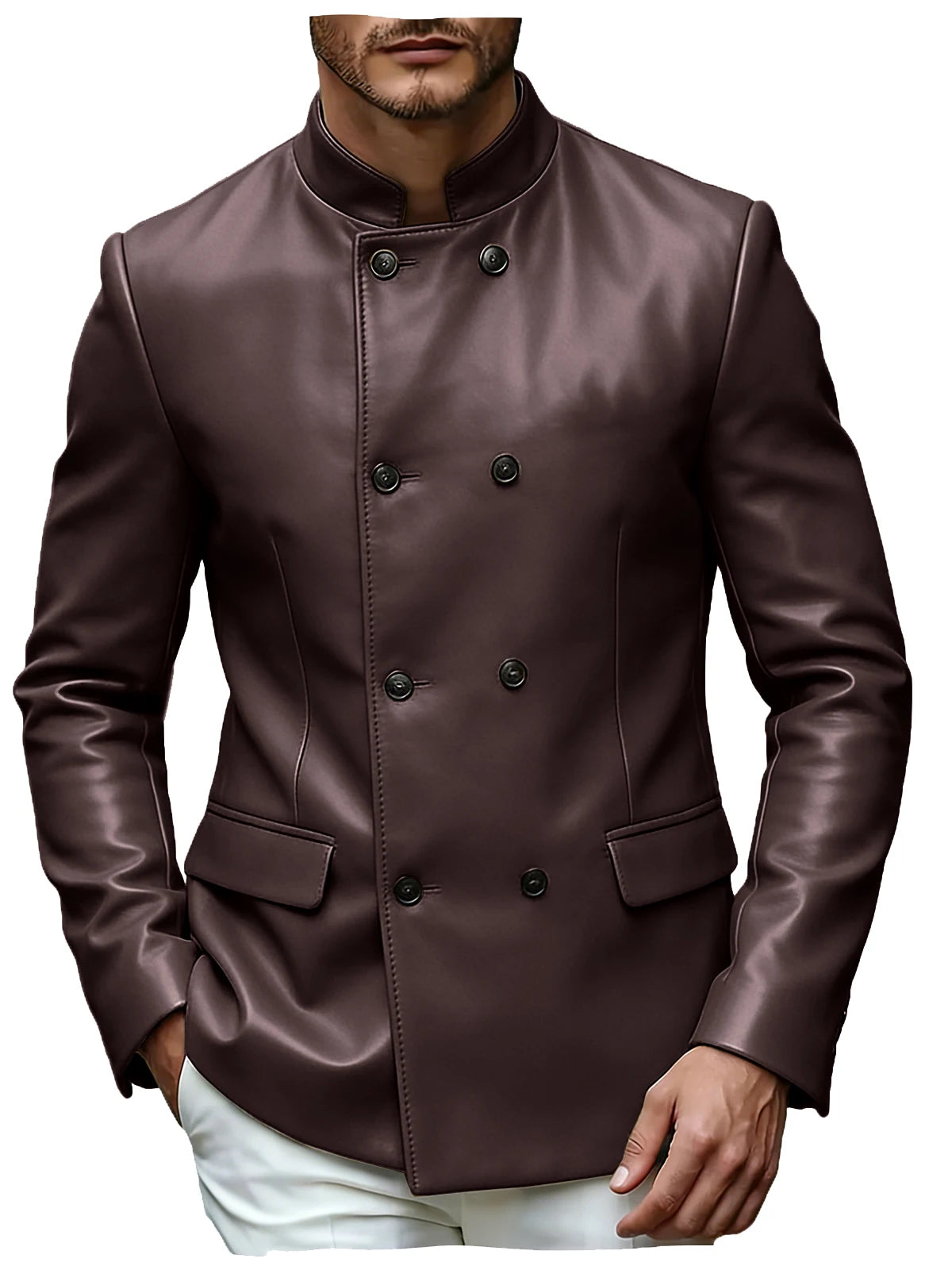 Men's Blazer Stand Collar Faux Leather Jacket High Quality Double Breasted Slim Fit Casual Coat For Business Office Outerwear