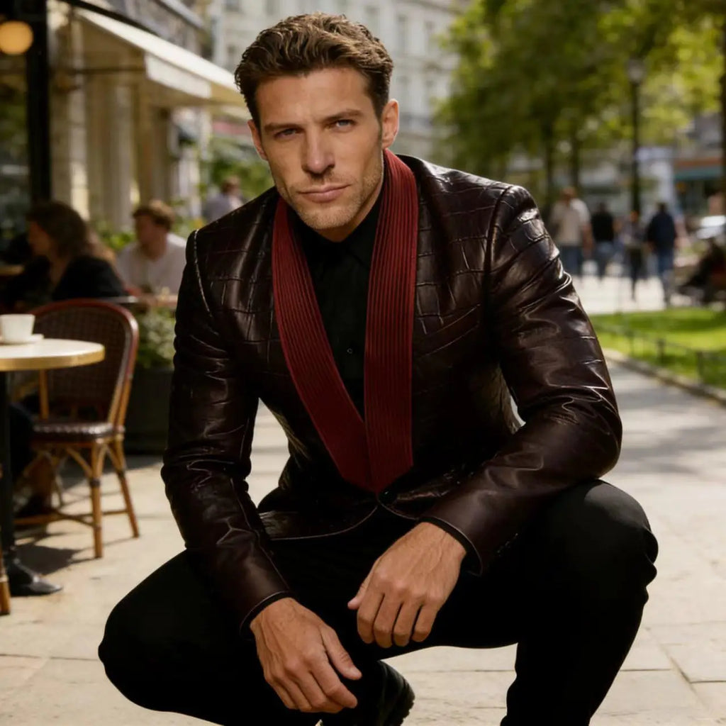 Men's Crocodile Pattern Leather Blazer Corduroy Patchwork 1 Button Shawl Collar Suit Jacket Slim Fit Business Formal Outerwear