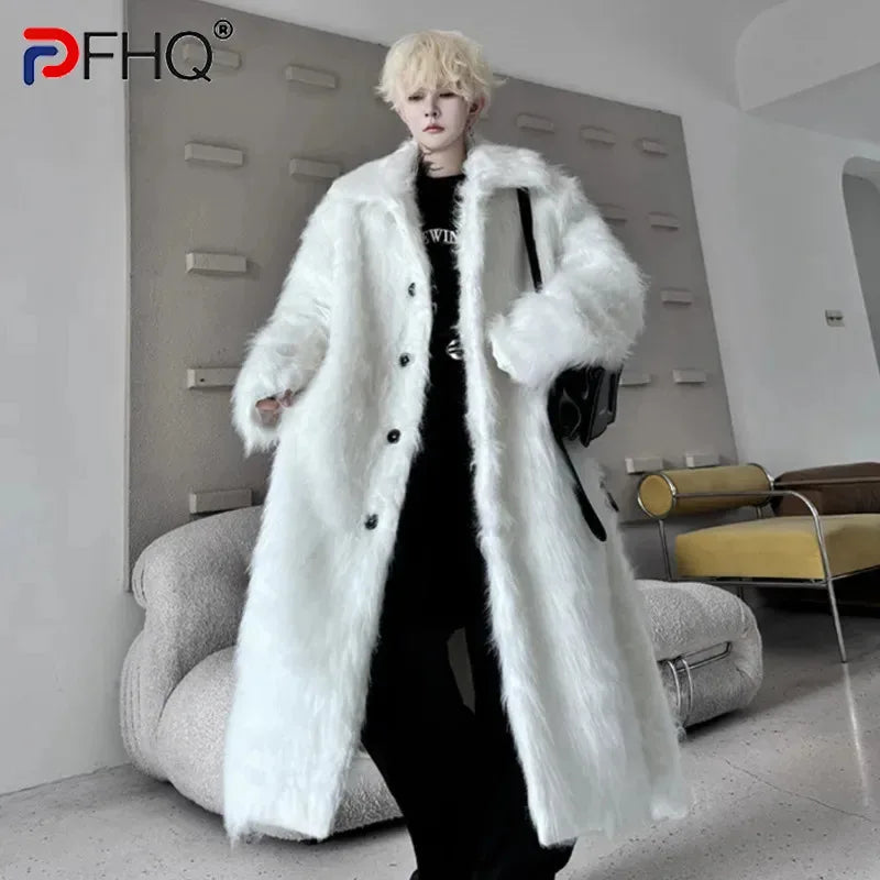 PFHQ Men's Faux Fur Coat Winter Korean Style Turn-down Collar Belt Single Breasted Solid Color Thickened Male Windbreaker 9C8121