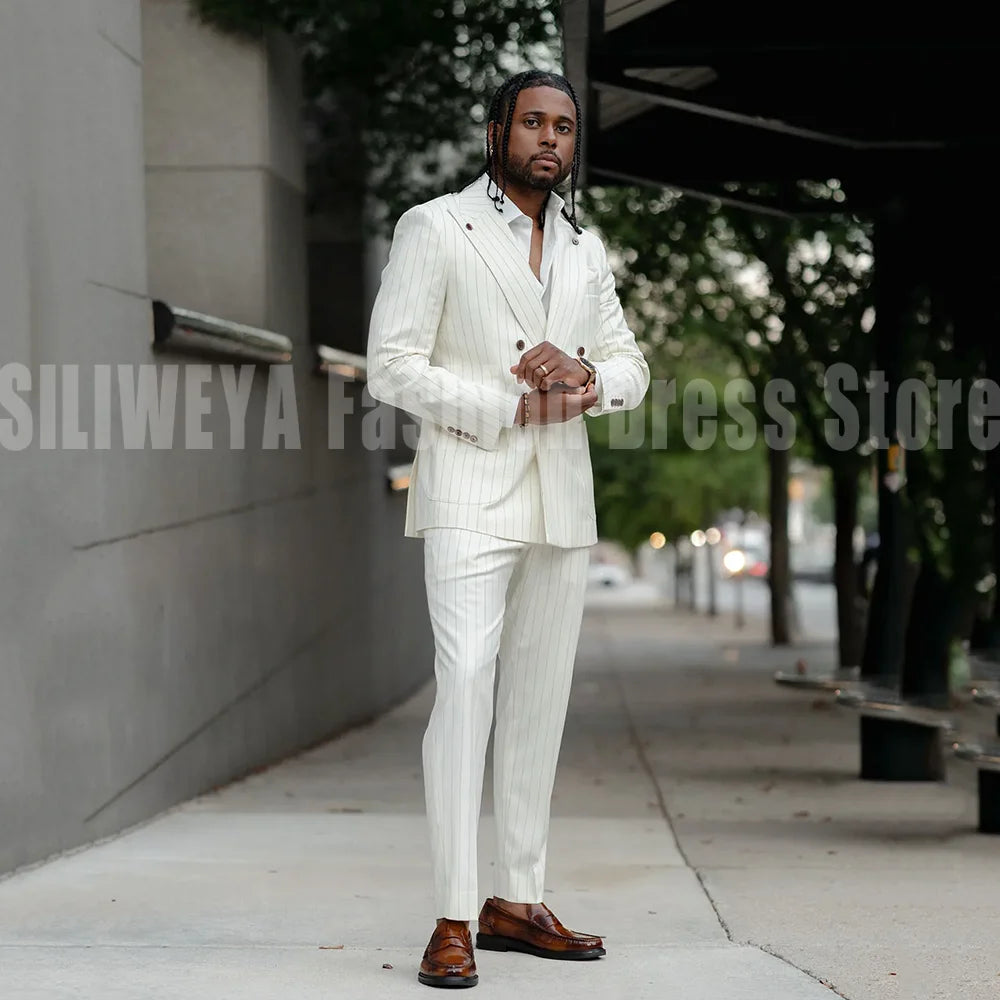 Luxury White Men's Suits 2 Piece Jacket Pants Full Sets Double Breasted Peak Lapel Elegant Male Clothing Custom Costume Homme