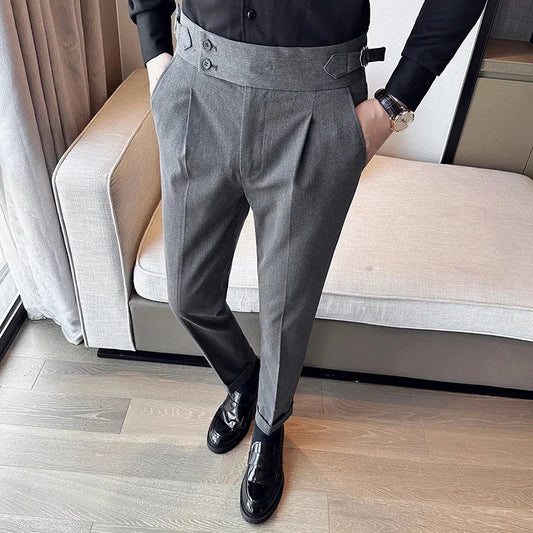 Autumn Winter High Waist Business Dress Pants Men Casual Belt Design Slim Suit Pants Formal Wedding Social Party Male Trousers