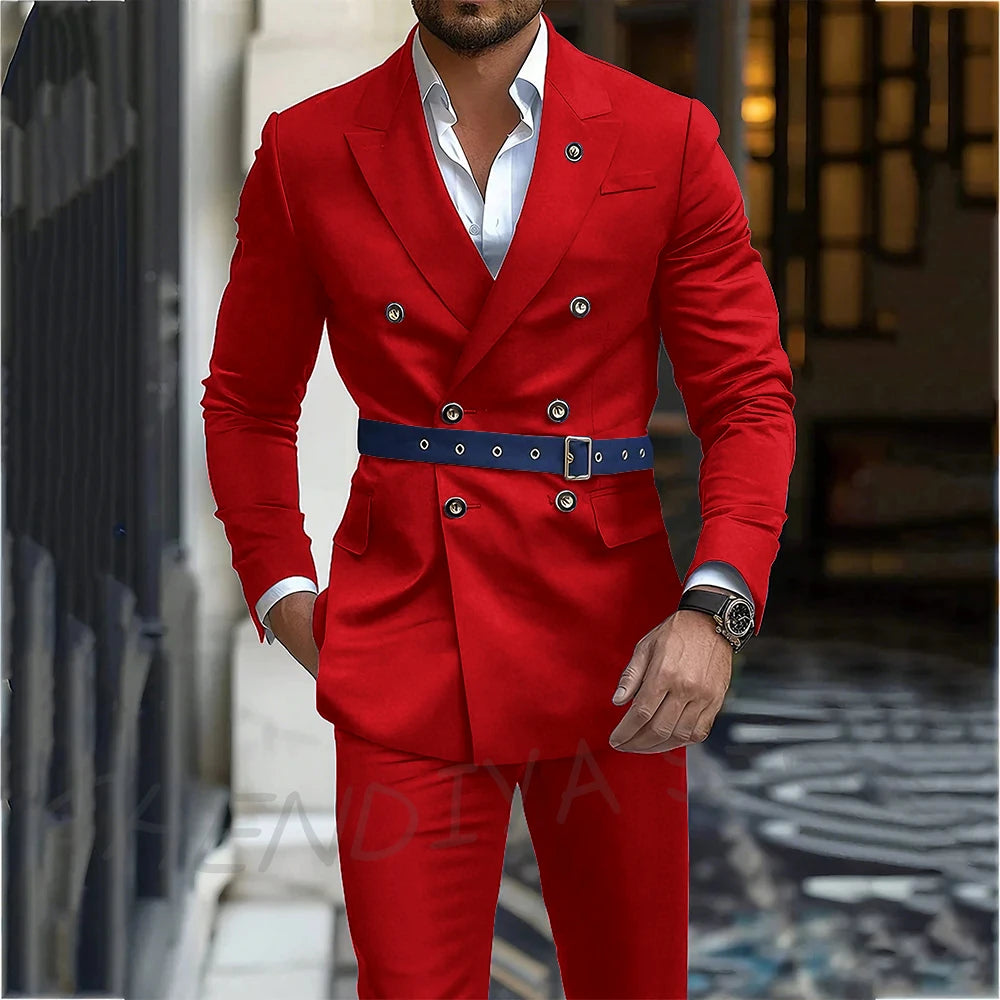 Navy Blue Men's Suit Classic Peak Lapel Blazer Double Breasted Formal Set Two Piece Business Casual Male Clothing Without Belt