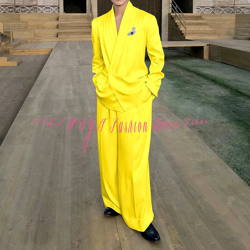 White Loose Style Men's Suit Business Casual 2 Pieces Jacket Pants Work Commute Social Party Male Clothing