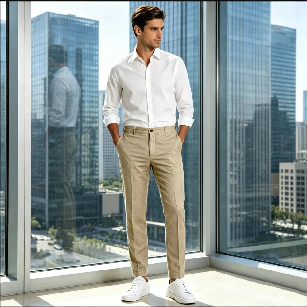 Men's Premium Linen Blend Pants Lightweight Slim Fit Wrinkle-Resistant Trousers Business Office Summer Casual Formal Wear