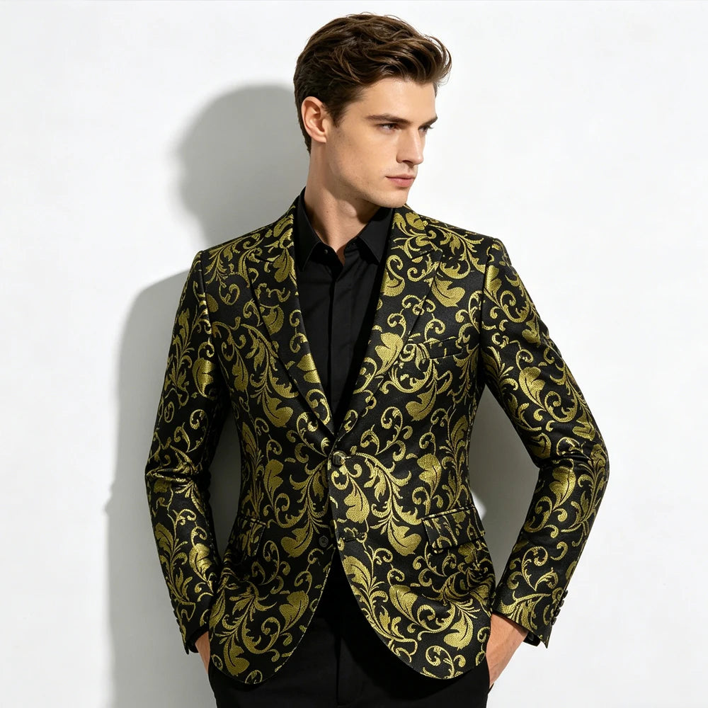 Men's Floral Jacquard Blazer Notched Lapel Two Button Flap Pockets Party Suit Jacket For Wedding Prom Nightclub Formal