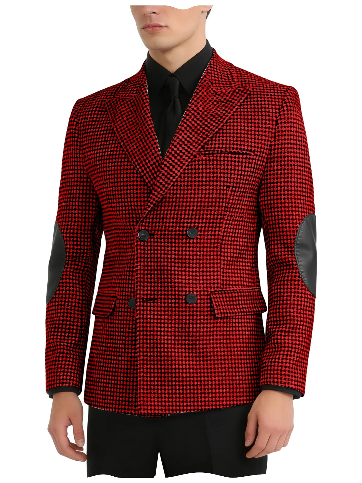 Men's Houndstooth Double Breasted Blazer with Leather Elbow Patches Peak Lapel Sport Coat Formal Business Wedding Suit Jacket