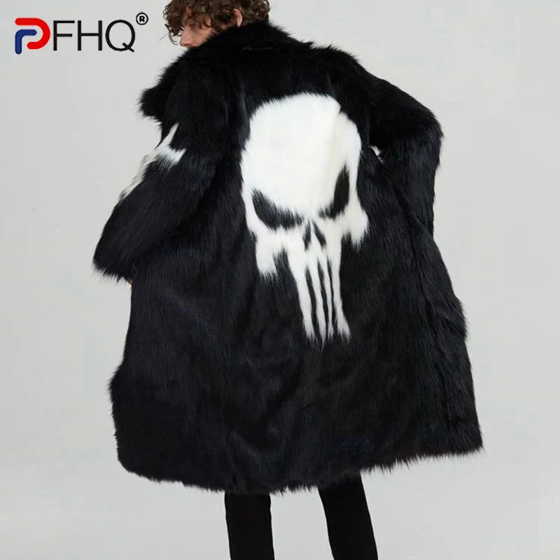 PFHQ Men's Men's Long Faux Fur Coat Windbreakers Personality Skull Pattern Plush Creativity High Street Autumn Winter 21Z2163