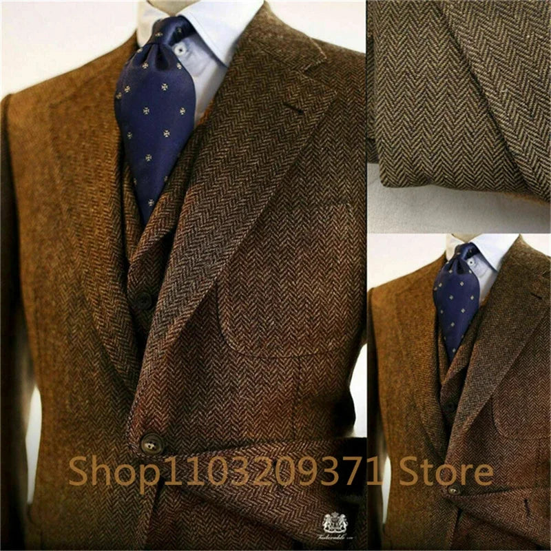 3 Pieces 2024 Men's Suits Gray Tweed Herringbone Slim Fit Business Notch Lapel Tuxedos (Blazer+vest+Pants)