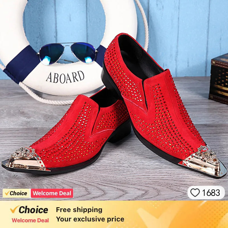 new arrival red genuine leather pointed toe metal tip crystal  handmade men leather dress shoes fashion hairdresser shoes