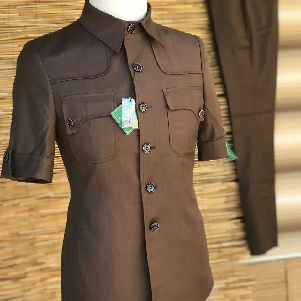 Brown Business Men's Suit For Wedding Party Tuxedos Slim Fit Short Sleeves Suits For Male (Jacket+Pants) Costume Homme