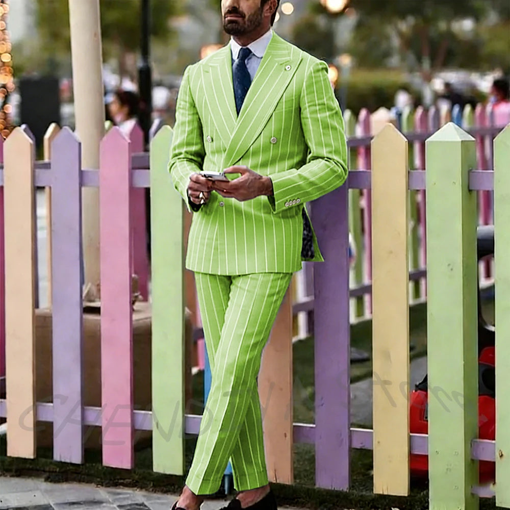 Light Purple Striped Men Suit England Style Peaked Lapel Double Breasted Classic Male Clothing Wedding Groom Tuxedo Custom Set