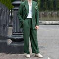 Solid Green Men's Suits Peak Lapel Double Breasted Casual Male Clothing High Street Daily Party Fashion Set Jacket Pants
