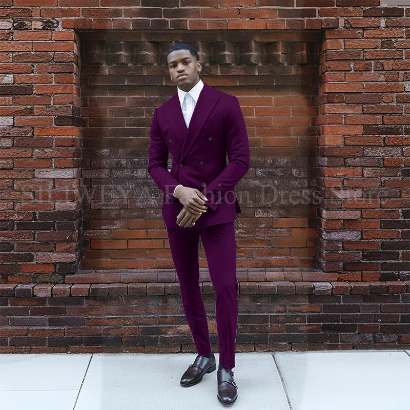 Grey Double Breasted Men's Suit 2 Pieces Jacket Pants Business Casual High Quality Office Stylish Male Clothing