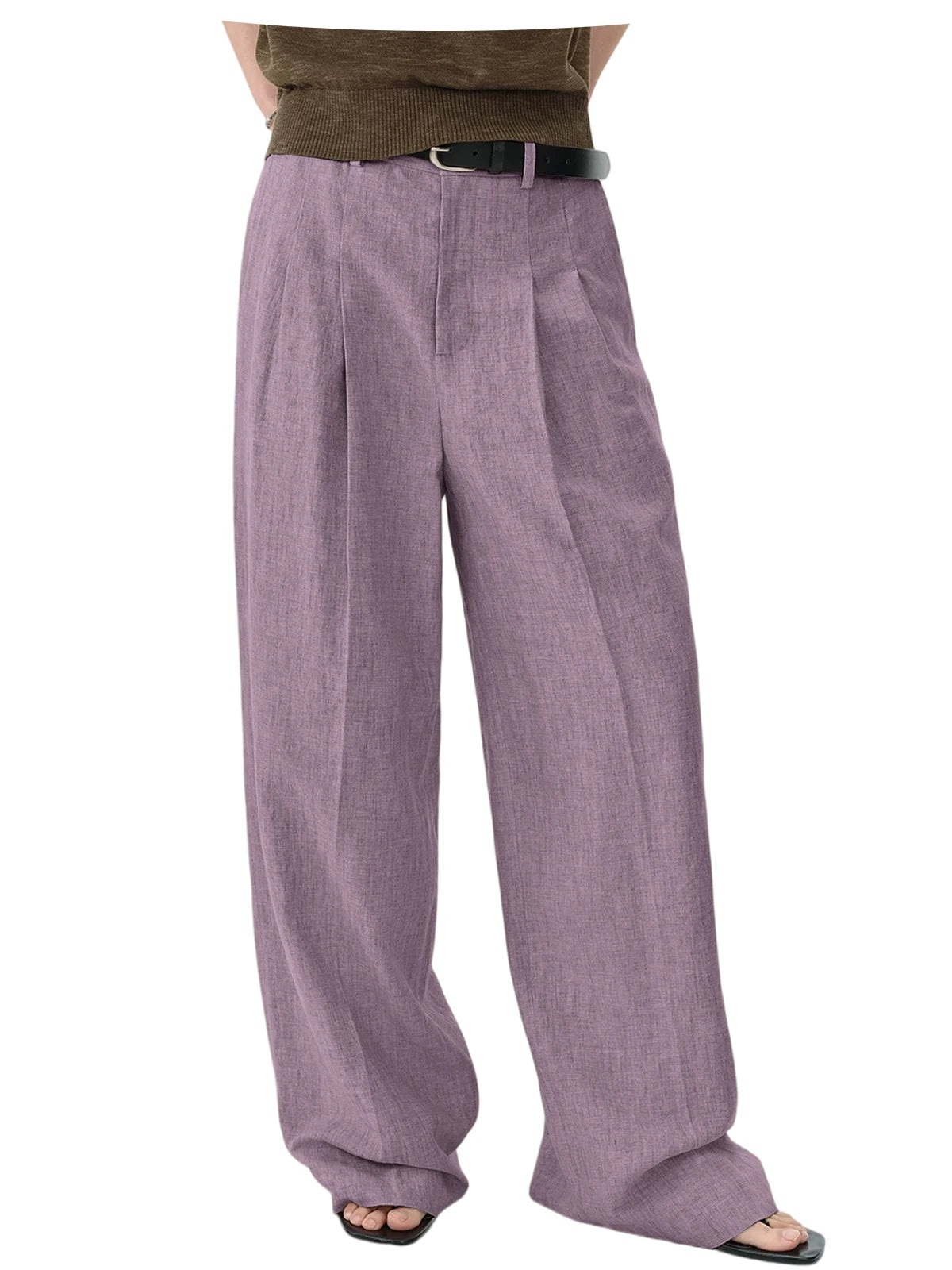 Men Linen Wide Leg Pants High Waist Pleated Casual Trousers Breathable Loose Straight Suit Pants Streetwear
