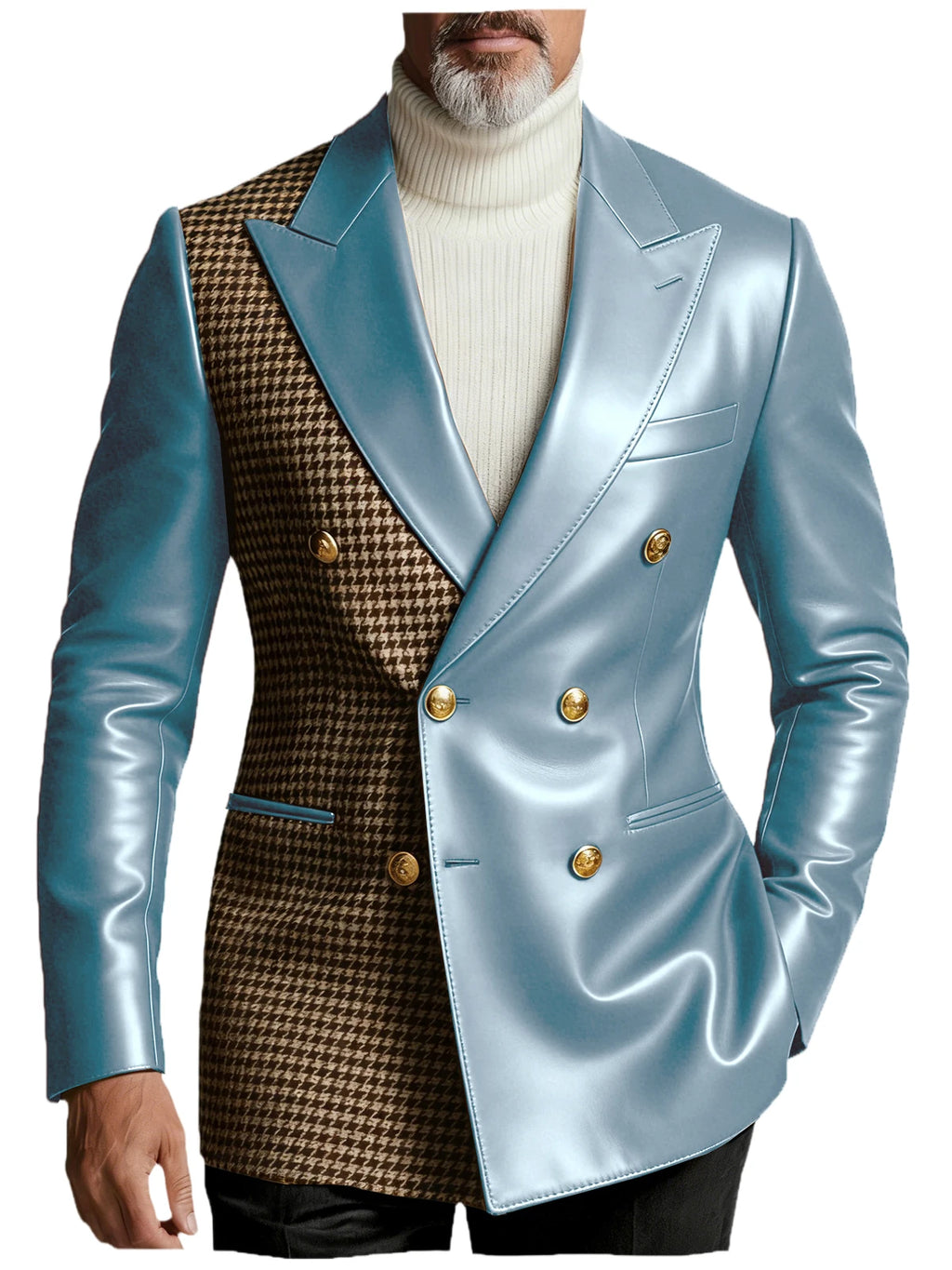 Men's Houndstooth Faux Leather Patchwork Blazer Jacket Double Breasted Peak Lapel Gold Button Slim Fit Suit For Business Casual