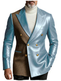 Men's Houndstooth Faux Leather Patchwork Blazer Jacket Double Breasted Peak Lapel Gold Button Slim Fit Suit For Business Casual