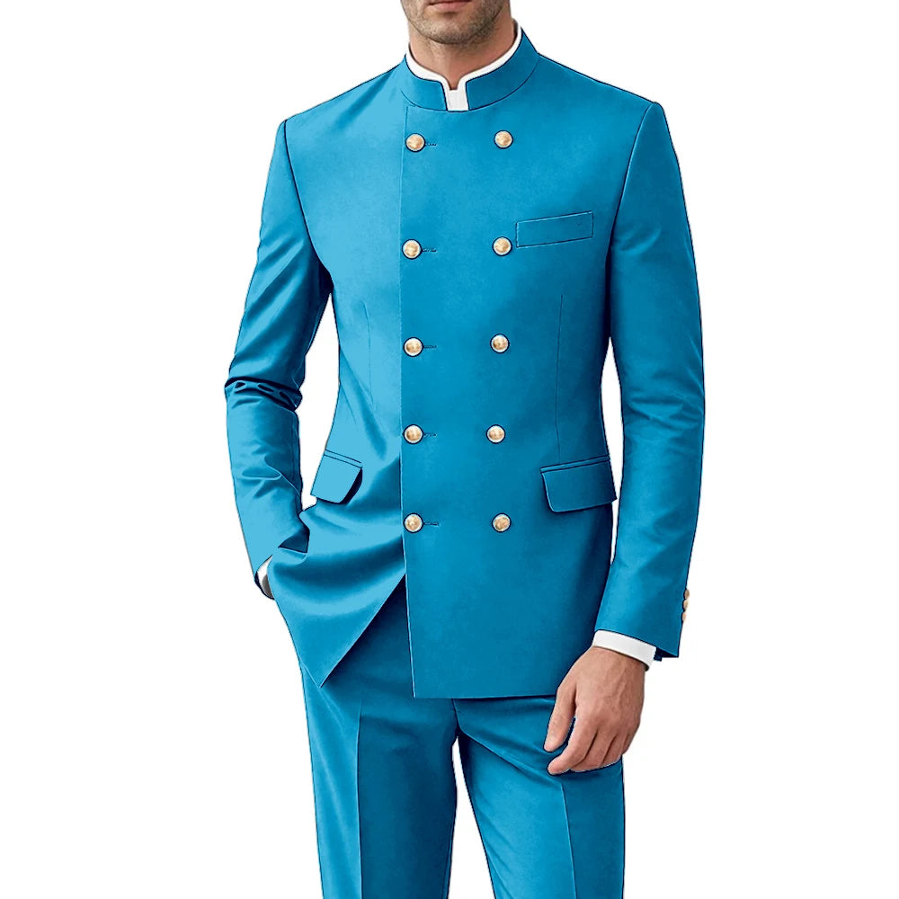 Solid Color Men Suits Formal 2 Pieces Double Breasted Stand Collar Balzer Pants Formal Party Business Wedding Set Customized