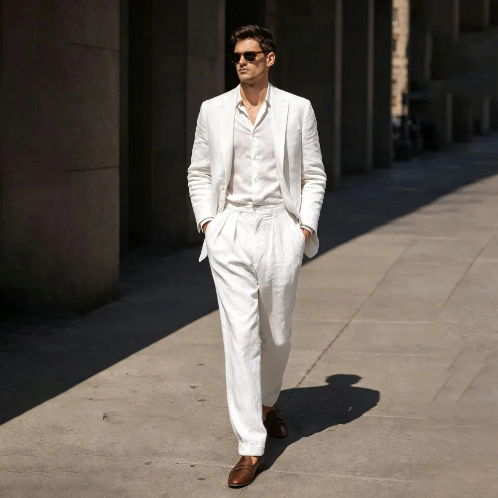 Beige Linen Prom Suits for Men 2 Pieces Wedding Tuxedo Slim Fit Groom Blazer Trousers Set Summer Formal Attire men suit set