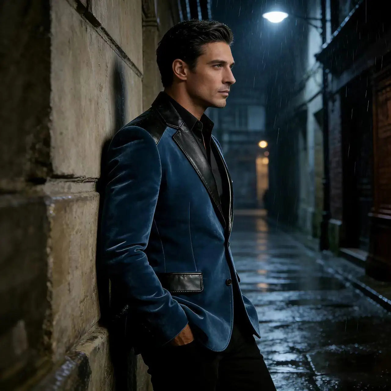 Men's Velvet Blazer with Leather Patchwork Slim Fit Two Button Peak Lapel Suit Jacket for Business Wedding Party Flap Pockets