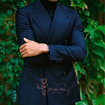 Men formal suit 2-piece set blue striped peak lapel double breasted jacket pants for wedding meeting dinner party custom tuxedo