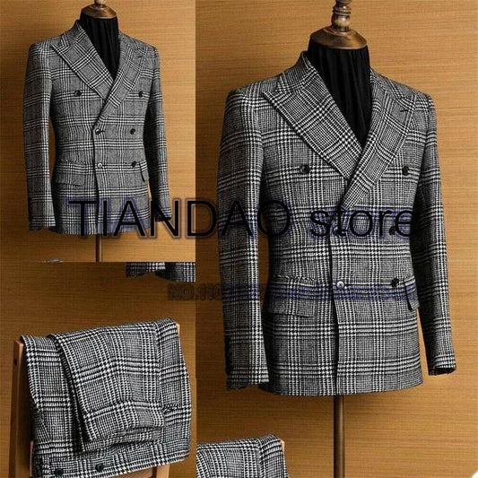 Traje masculino xadrez de 2 peças de peito de lapela de peito duplo Conjunto de jaqueta de lapidamento de trabalho de trabalho de trabalho de trabalho de casamento blazer masculino