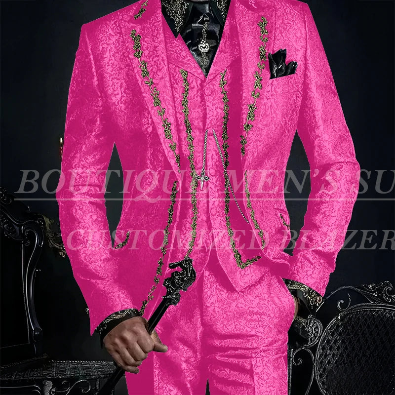 Elegant Black Jacquard Men Suits Embroidery Single Breasted Slim Fit 3 Piece Jacket Pants Vest Male Clothing Blazer Terno 2024