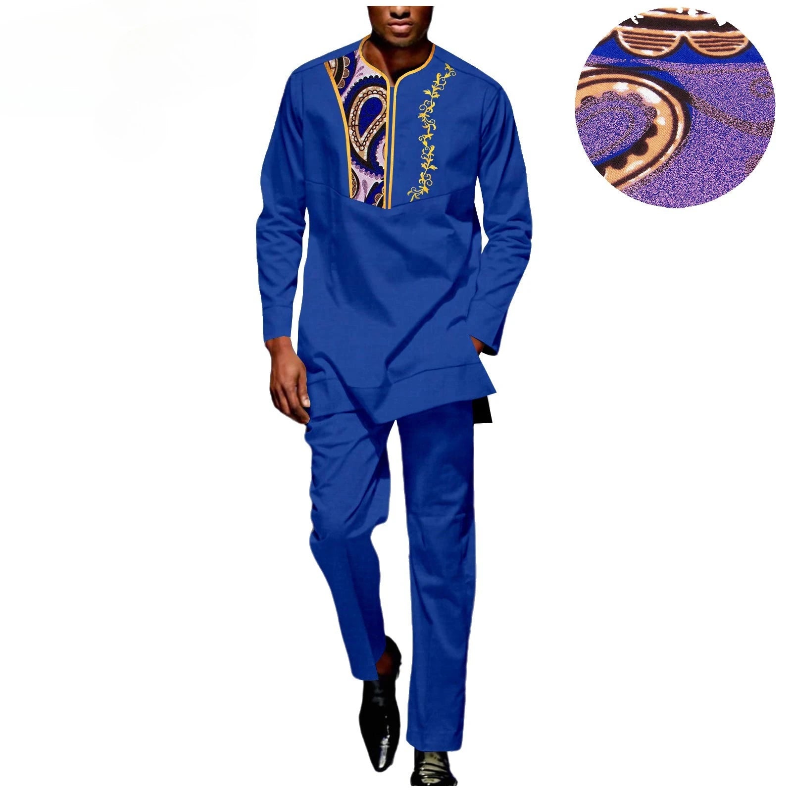 2025 Original Design Nigerian Print Men’s Set Long Shirt Patch Elastic Waist Pants Tailored African Ethnic Costumes Party Wear
