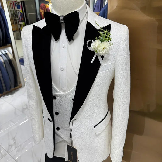 Thorndike Mens Wedding Suits White Jacquard with Black Satin Collar Tuxedo3 Pcs Groom Terno Suits for Men(Jacket+Vest+Pants)