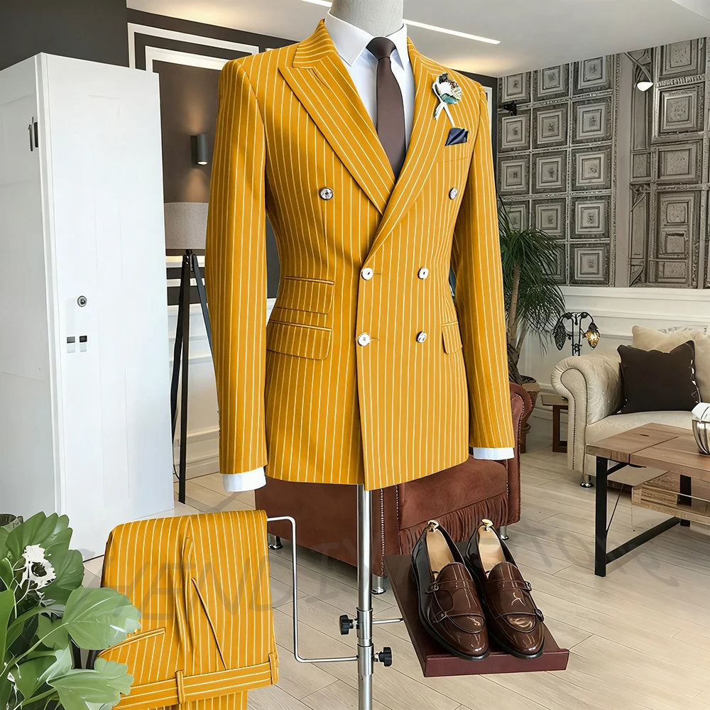 Brown Striped Men Suits Double Breasted Formal Outfits 2 Piece Male Clothing Business Casual Tailored Party Prom Jacket Pants
