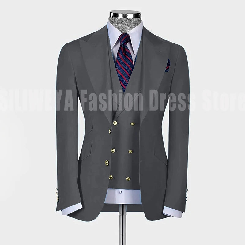 High Quality Men's Suit Slim Fit Solid Color Suit Formal Business Office Single Breasted Coat Pants Vest 3 Pieces Blazer Set