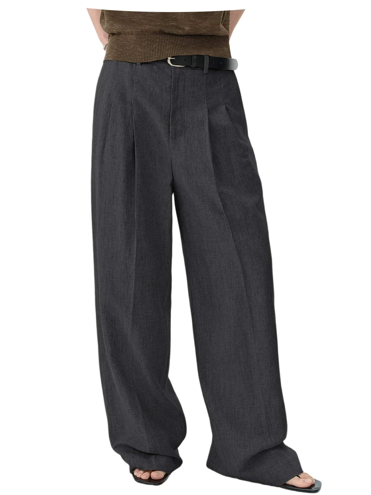 Men Linen Wide Leg Pants High Waist Pleated Casual Trousers Breathable Loose Straight Suit Pants Streetwear