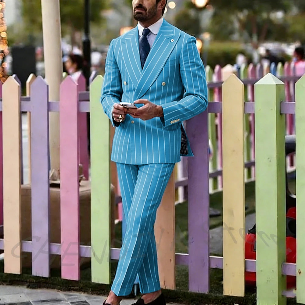 Light Purple Striped Men Suit England Style Peaked Lapel Double Breasted Classic Male Clothing Wedding Groom Tuxedo Custom Set
