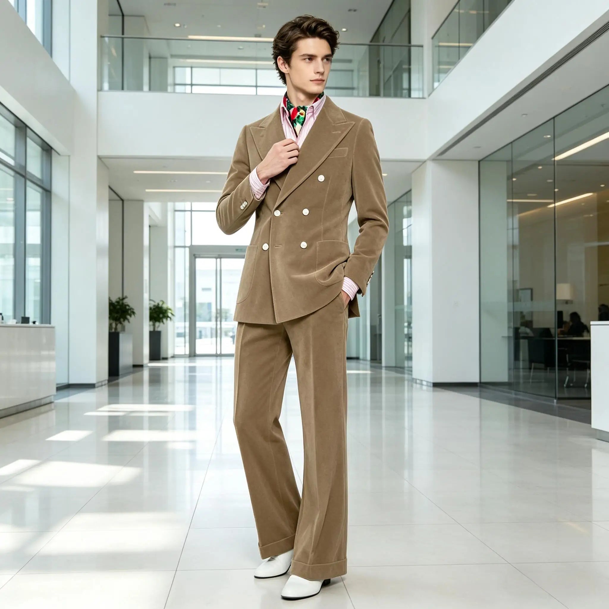 Men's Velvet Double Breasted 2 Piece Suit Set Slim Fit Peak Lapel Formal Straight Leg Pants Suit For Party Wedding Daily Wear