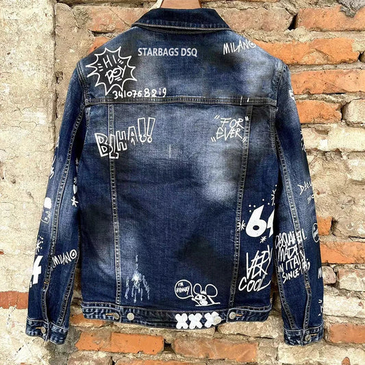 Men's denim jacket Italian 100 chareiha dsq 1918 men's denim shirt text graffiti splicing street punk fashion denim trend