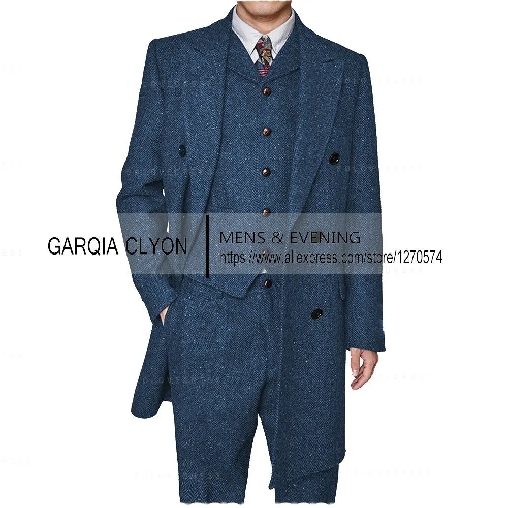3 Pieces  Men's Suits Formal Single Breasted Slim Fit Herringbone Tweed Wool Middle Long Style  Groomsmen (Blazer+Vest+Pants)