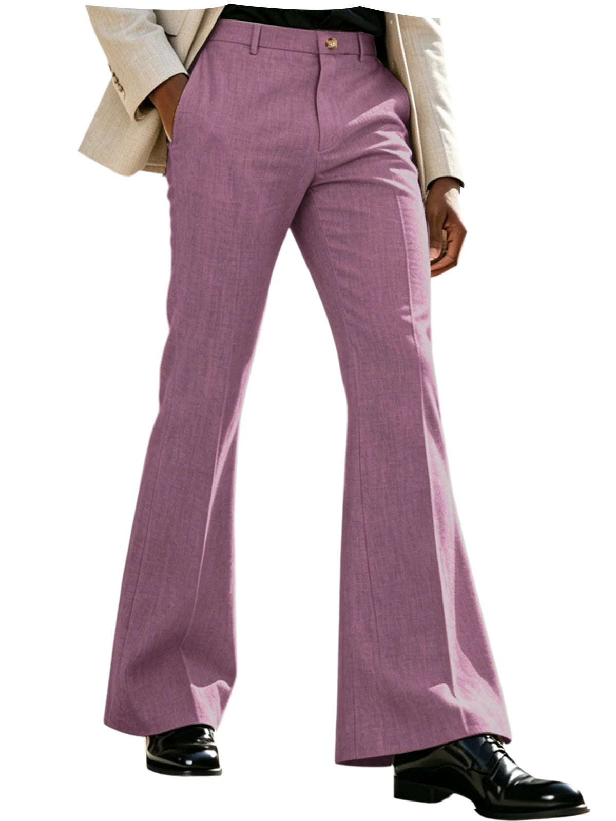 Men's Beige Linen Flare Pants High Waist Bell Bottom Lightweight Wrinkle Resistant Slim Fit Trousers For Summer Business Casual