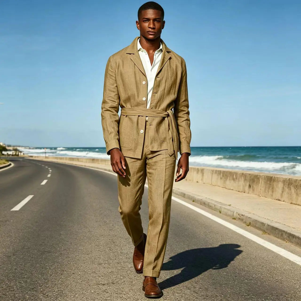 Men's Linen Belted Suit 2 Piece Set Casual Breathable Blazer & Pants Summer Lightweight Business Casual Outfit for Wedding Beach