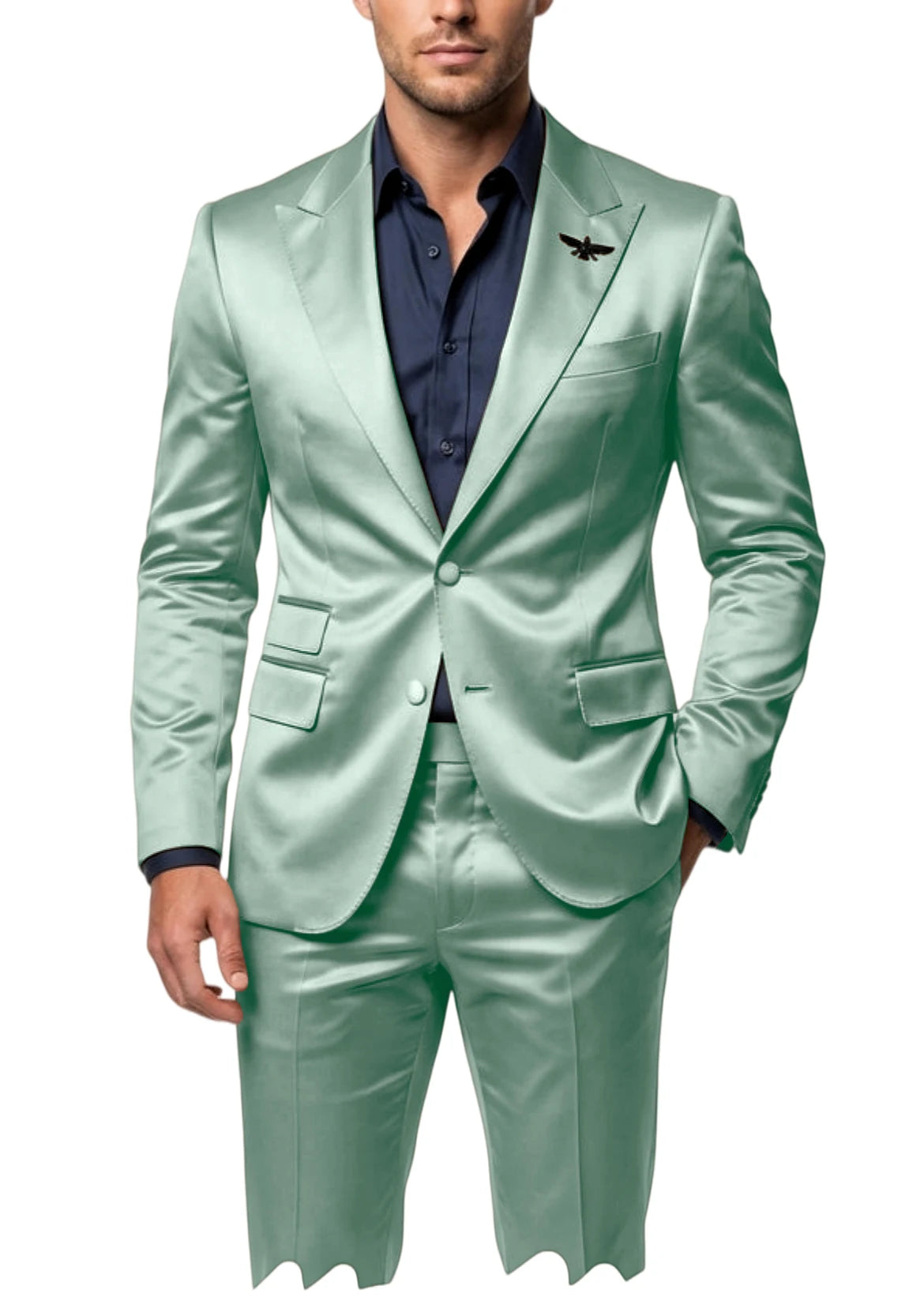 Men's Satin 2-Piece Suit Set Slim Fit Peak Lapel Tuxedo Blazer With Straight Leg Pants For Wedding Party Formal Wear