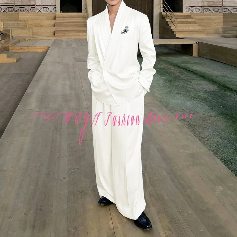 White Loose Style Men's Suit Business Casual 2 Pieces Jacket Pants Work Commute Social Party Male Clothing