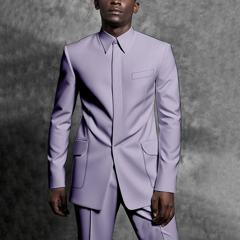 Tailored Suits Stand Collar Tuxedo Gentleman Solid Color Outfit Man Suit Set 2 Piece Smart Casual Daily Office Male Clothing